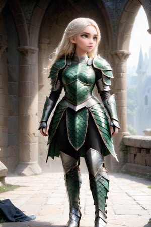 European style, fantasy, solo, brave girl, wearing dragon armor, white blonde long hair, faithing,looking at viewer, ruins,(full body image:1.5) , (masterpiece), (best quality), (ultra-detailed), (an extremely delicate and beautiful), ((textile shading)), (caustics), (((sharp focus))),dragon armor,more detail XL,disney pixar style