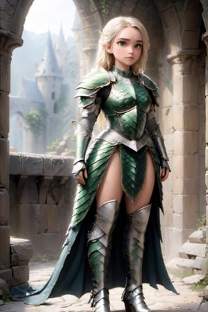 European style, fantasy, solo, brave girl, wearing dragon armor, white blonde long hair, faithing,looking at viewer, ruins,(full body image:1.5) , (masterpiece), (best quality), (ultra-detailed), (an extremely delicate and beautiful), ((textile shading)), (caustics), (((sharp focus))),dragon armor,,disney pixar style,more detail XL
