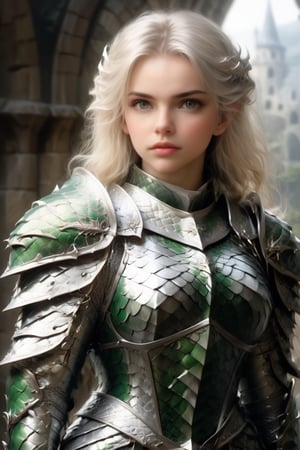 European style, fantasy, solo, brave girl, wearing dragon armor, white blonde long hair, faithing,looking at viewer, ruins,(upper body image:1.5) , (masterpiece), (best quality), (ultra-detailed), (an extremely delicate and beautiful), ((textile shading)), (caustics), (((sharp focus))),dragon armor,more detail XL