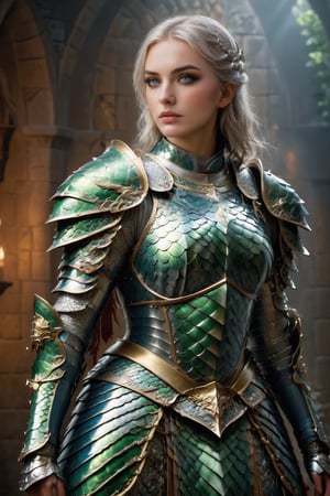 epic composition, cinematic lighting, masterpiece, a medieval girl knight, preparing for a fight, ((wearing hood)),wearing intrincate dragon armor with elaborated golden ornaments, dynamic action pose, frontal shot, medieval war background, full body portrait, dim volumetric lighting, 8k octane beautifully detailed render, extremely hyper-detailed, intricate, stunning Detailed matte painting, deep color, fantastical, intricate detail, complementary colors, fantasy concept art, 8k resolution trending on Artstation Unreal Engine 5, bioluminescent, holographic, Volumetric light, rays, blue tones, zdyna_pose,dragon armor