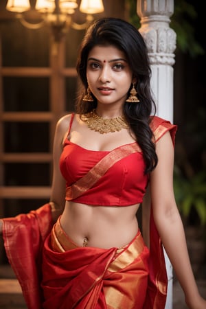 Raw photo of (25yo Kerala Beautiful young woman:1.1) (best quality, highres, ultra-detailed:1.2), vibrant colors, glowing dimond, glowing eyes, realistic Raw photo, realistic lighting, traditional Red saree,  exotic beauty, mesmerizing eyes, girl ,Thrissur,Long body