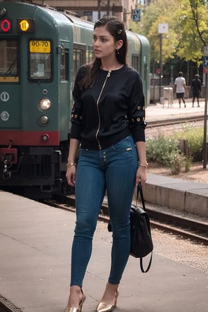 Ultra realistic full body photo of petite  italian female model  modeling upscale dolman sleeve travel inspired grunge knit silk outfit with cool metallic elements zippers buttons clips  in new york,Railway station,Thrissur,80' girl