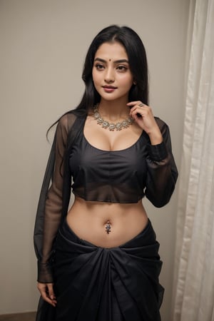 1girl, solo, long hair, shirt, black hair, navel, jewelry, midriff, necklace, looking to the side, tattoo, ring, holding clothes, photo background, photo inset,Saree