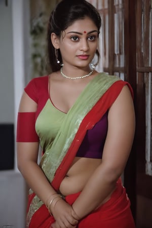 Malayalam movie actress unni mary:1.5,Raw photo of (25yo Kerala Beautiful young woman:1.1) (best quality, highres, ultra-detailed:1.2), vibrant colors, glowing dimond, glowing eyes, realistic Raw photo, realistic lighting, traditional Red saree,  exotic beauty, mesmerizing eyes, girl ,Thrissur,80' girl