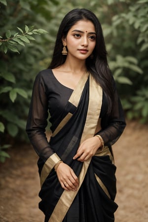 Saree, 1girl, solo, long hair, black hair, long sleeves, traditional , dress, jewelry, earrings, outdoors, blurry, looking to the side, purple dress, realistic,Saree