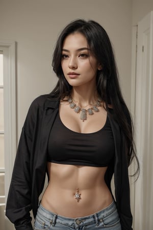 1girl, solo, long hair, shirt, black hair, navel, jewelry, midriff, necklace, looking to the side, tattoo, ring, holding clothes, photo background, photo inset