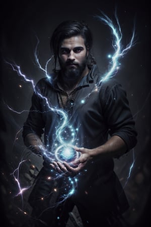 , thundermagic , excessive energy ,  charged aura, wizard, man,  gigachad, glowing hair ,upper body, holding an energy ball,thundermagic,Beard man