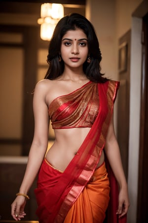 Raw photo of (25yo Kerala Beautiful young woman:1.1) (best quality, highres, ultra-detailed:1.2), vibrant colors, glowing dimond, glowing eyes, realistic Raw photo, realistic lighting, traditional Red saree,  exotic beauty, mesmerizing eyes, girl ,Thrissur,Long body