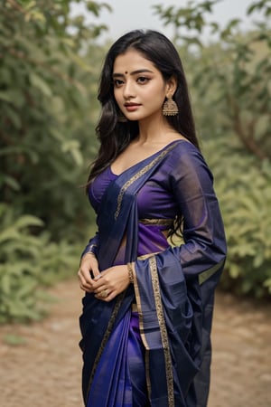 Saree, 1girl, solo, long hair, black hair, long sleeves, traditional , dress, jewelry, earrings, outdoors, blurry, looking to the side, purple dress, realistic,Saree