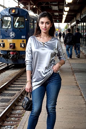 Ultra realistic full body photo of petite  italian female model  modeling upscale dolman sleeve travel inspired grunge knit silk outfit with cool metallic elements zippers buttons clips  in new york,Railway station,Thrissur,80' girl
