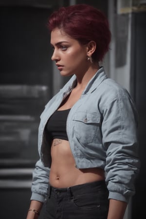 27yo woman , bare_midriff , red hair, short hair, yellow eyes, spiky hair, tattoos, black pants, upper body, ear piercings, blue and white bomber jacket, profile picture, ,27 yo,photorealistic,80' Malayalam actress unni mary