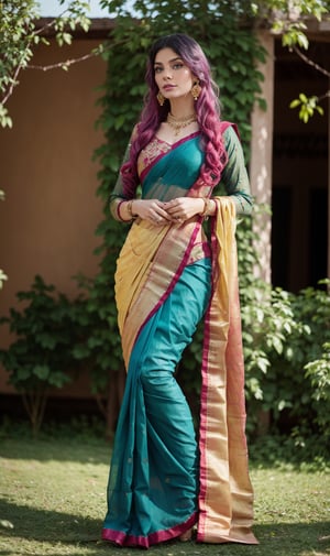 Saree, blonde hair:2, 1girl, solo, yellow saree,  long hair:2, pink hair, multiple colours hair, blue hair, Red hair, long sleeves, dress, jewelry, earrings, garden, flower, outdoor, 👠 , shoes:2, realistic, This breathtaking photograph, shot on a Canon 1DX with a 50 mm f/2.8 lens, beautifully showcases the raw and authentic beauty of life. high resolution 8k image quality, saree ,sari,CyberpunkWorld,Indian