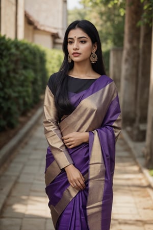 Saree, 1girl, solo, long hair, black hair, long sleeves, traditional , dress, jewelry, earrings, outdoors, blurry, looking to the side, purple dress, realistic,This breathtaking photograph, shot on a Canon 1DX with a 50 mm f/2.8 lens, beautifully showcases the raw and authentic beauty of life. high resolution 8k image quality,Saree