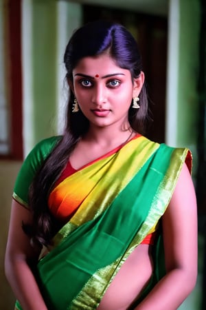 Raw photo of (25yo Kerala Beautiful young woman:1.1) (best quality, highres, ultra-detailed:1.2), vibrant colors, glowing dimond, glowing eyes, realistic Raw photo, realistic lighting, traditional Red saree,  exotic beauty, mesmerizing eyes, girl ,Thrissur,80' girl