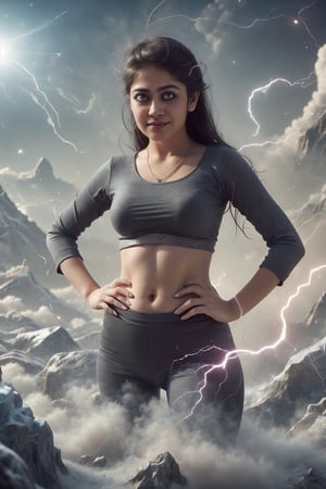 Thunder all over the body, 29 years old women, In a mountain, fog, Everest, ice, snow, 1girl, solo, looking at viewer, black hair, plump navel, jewelry, midriff, necklace, ring, tank top, (plump),  realistic,thundermagic,excessive energy,Beautiful eyes,Mallu girl ,photorealistic