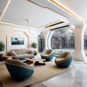 Creating an office interior space, open lounge, friendly atmosphere close to nature, futuristic style, blue tone:0.5, white tone:0.8, oak tones:0.1, curved lamp, surrounding glass walls, overlooking garden,Interior ,neotech,cyberpunk,Indoor Grey,AliceWonderlandWaifu 
4k upscale ,luxtech,bchiron
