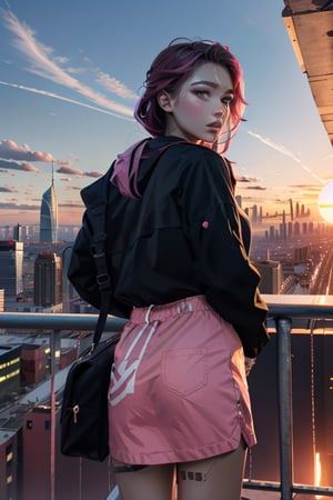 4K ultra hd realistic Pink skylines with a beautiful cityscape and a girl overlooking it all with a nice sunset