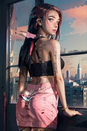 4K ultra hd realistic Pink skylines with a beautiful cityscape and a girl overlooking it all with a nice sunset