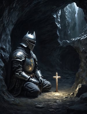{(Abandoned with nothing else to strive for, the lonely knight stay in profound meditation inside the dark cave with just a small cross that he holds dearly as companion, while preparing himself in body, mind and heart before the final and the most important battle:1.5)}, {(best quality impressionist masterpiece:1.5)}, (ultra detailed face, ultra detailed eyes, ultra detailed mouth, ultra detailed body, ultra detailed hands, detailed clothes), (immersive background + detailed scenery), {symmetrical intricate details + symmetrical sharpen details}, {(aesthetic details + beautiful details + harmonic details)}