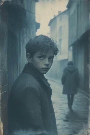 distressed cyanotype, light drizzle, boy silhouette, looking at the viewer, mistery gaze, old alley,  contemplative attitude, foggy city background