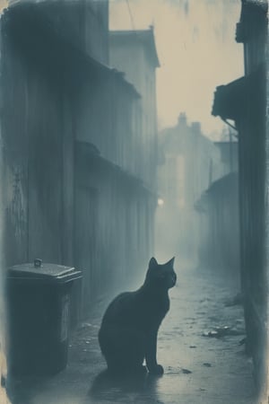 distressed cyanotype, light drizzle, cat silhouette, old alley,  sitting near street rubbish bin, foggy city background