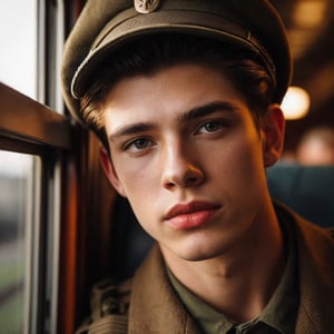close up shot, solo, 1boy, male focus, young, handsome, full lips, WW2 soldier cap, ground vehicle, realistic, train interior, looking through the train window, 1940s style setting, (high detailed skin:1.4), 1940s soldier uniform, 4k ultra hd, smooth picture, noise-free realism, sigma 85mm f/1.4,photorealistic