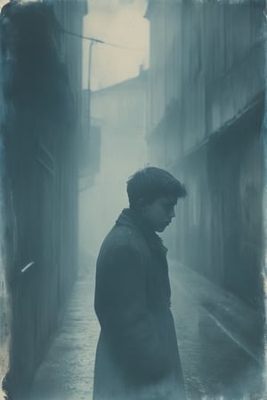 distressed cyanotype, light drizzle, boy silhouette, old alley,  contemplative attitude, foggy city background