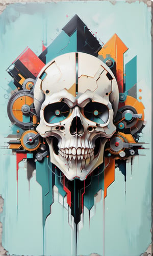 4k acrylic abstract electro skull mechanism art on canvas with brush textures depicting mid century shapes with textured layered details, trending on artstation