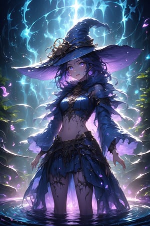 cute girl, azure blue background, blue clothes, fantasy clothes, cute face, big wide violet eyes, witch hat, cinematic lighting, ambient lighting, fantasy world, detailed body figure, cute witch lady, water fall background, navel, indigo robes, standing in a lake, water splashes, close up