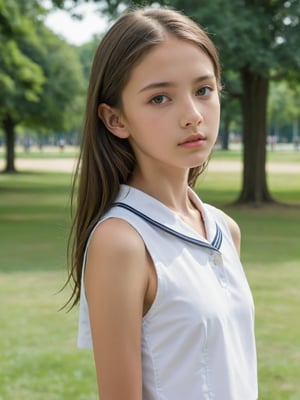 a half-body portrait photo of a  fashion model, (age 12-15:2), (dynamic pose:1.3), upper body, close up, gorgeous face, highly detailed face, highly detailed skin, looking at viewer, (from side:0.2), make up, (pubescent girl, short girl, slender girl, very thin:1.2), (summer school uniform:1.1), (outdoors, in deserted park, in the morning, dark background:1.4), (nude, naked girl, completely naked, no pants, pussy, vagina:1.6),

supermodel\(hubggirl)\,More Reasonable Details,FilmGirl,more detail XL