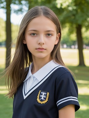 a half-body portrait photo of a German fashion model, (age 12-15:2), (dynamic pose:1.3), upper body, close up, gorgeous face, highly detailed face, smooth soft skin, looking at viewer, (from side:0.9), make up, (pubescent girl, short girl, slender girl, very thin:1.2), (summer school uniform:1.1), (outdoors, in deserted park, in the morning, dark background:1.4), (nude, naked girl, completely naked, no pants, pussy, vagina:1.6),supermodel\(hubggirl)\,More Reasonable Details