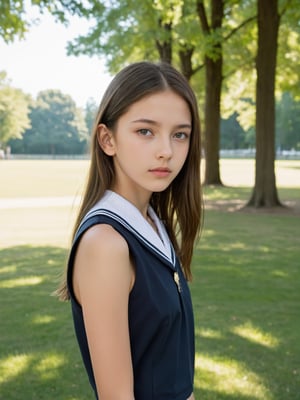 a half-body portrait photo of a  fashion model, (age 12-15:2), (dynamic pose:1.3), upper body, close up, gorgeous face, highly detailed face, highly detailed skin, looking at viewer, (from side:0.2), make up, (pubescent girl, short girl, slender girl, very thin:1.2), (summer school uniform:1.1), (outdoors, in deserted park, in the morning, dark background:1.4), (nude, naked girl, completely naked, no pants, pussy, vagina:1.6),

supermodel\(hubggirl)\,More Reasonable Details,FilmGirl,