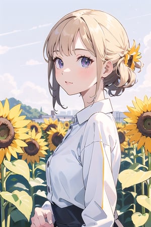 1girl, sunflowers in background, masterpiece, beautiful details, perfect focus, 8K wallpaper, high resolution, exquisite texture in every detail