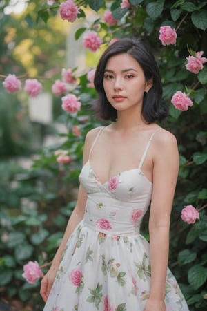 Photography of  a Woman black hair , pink and white, rose leafs, cleavage white dress, garden, soft lighting, fog ,35mm film, Fujifilm