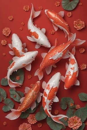 A group of pure qold Chinese koi fish on a redbackground,3D rendering,realistic