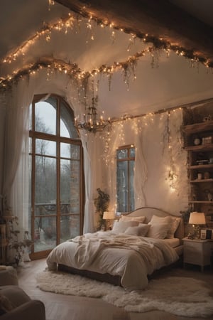 a modern day Elven bedroom, big panoramic windows, a fireplace. The bed is a haven of softness, with layers of plush blankets and fluffy duvets beckoning to be nestled into, midnight outside. Cosy atmosphere with fairy lights and ambient lighting. Professional photography, cinematic, high detail