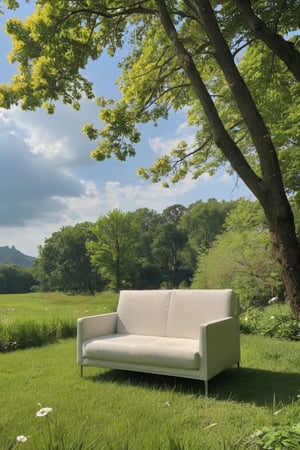 A minimalist-style three-seater sofa, placed outdoors at a thirty-degree angle,surrounded by blooming flowers and green meadows. No more than three colors of flowers ,The background is green meadows, blue sky and white clouds,no house,no people,no curtain,no words.No figures present in the image.A photo of Linsy Guo in high 