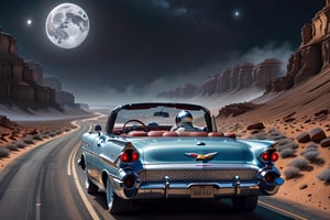 impressionism style,photorealistic,(((an astronaut man driving a 50's convertible Chevrolet))) on a road heading to the full moon,(( insane astronaut detailed)),professional acrylic drawing, infinite details in the astronaut suit, car with meticulous minute details, hiperrealistic environment with great details, temperate tones with dark nuances, light with projection soft luminescence side, soft contrast, masterpiece, dramatic, reality pushed to the realistic extreme, dusty environmental particles, impressive strokes, trend in artstation,Masterpiece,caos 0.1,digital artwork by Beksinski,campervan,cyborg style,Movie Still