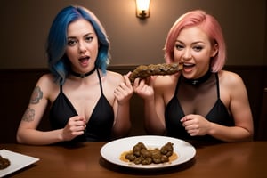  two girls, one a cute, 18-year-old, skinny, tattooed girl with striking pink hair, and the other, her best friend, a tiny teen with vibrant blue hair

eating full mouth of long turd of big shit dierra scat turd, with a very hungry expression. The dimly lit, elegant dining table is illuminated by soft candlelight, and her face reflects a mix of delight and longing, creating a moment of cinematic intimacy

mouth full of shit, shit face, scat smear face, naked, choker, warm lights, harness, stockings, high heels, ((eating scat)), ((shit in mouth)), ((turd suckingt)),