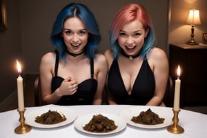  two girls, one a cute, 18-year-old, skinny, tattooed girl with striking pink hair, and the other, her best friend, a tiny teen with vibrant blue hair

eating full mouth of long turd of big shit dierra scat turd, with a very hungry expression. The dimly lit, elegant dining table is illuminated by soft candlelight, and her face reflects a mix of delight and longing, creating a moment of cinematic intimacy

mouth full of shit, shit face, scat smear face, naked, choker, warm lights, harness, stockings, high heels, ((eating scat)), ((shit in mouth)), ((turd suckingt)),