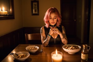 Generate a cinematic image of a cute, 18-year-old, skinny, tattooed girl with pink hair, sitting alone at a dimly lit, elegant dining table,  eating scat with spoon, indulging in a full bowl of shit scat, with soft candlelight enhancing the drama of the scene, and her face reflecting a mix of delight and longing, creating a moment of cinematic intimacy

 choker, warm lights, harness, stockings, high heels, ((explosive Diarrhea)), ((big turd)), ((anal scat)),