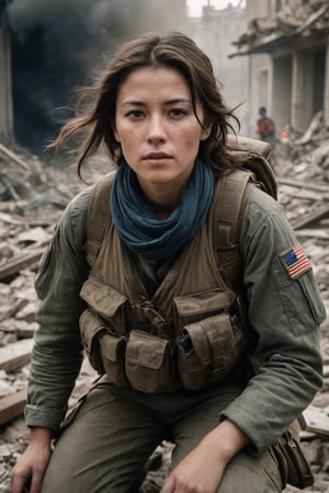 A strikingly beautiful yet hardened photojournalist, her delicate features framed by windswept locks escaping her helmet. Though smudged with dust and grime, her piercing eyes burn with determination behind the camera lens. Her protective vest and fatigues cannot conceal her lithe, feminine figure as she crouches in the rubble.
All around explosive chaos erupts - soldiers charging through clouds of smoke, buildings ablaze, civilians fleeing in terror. But she remains steadfastly focused, fearlessly documenting the brutal reality. Use dramatic lighting, vivid colors, and a sense of frenetic motion to convey the juxtaposition of her beauty among the ugliness of war. Incorporate iconic scenes like the raising of a flag over conquered territory or a young child's face streaked with tears.
, photorealistic:1.3, best quality, masterpiece,MikieHara,