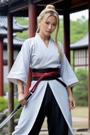 masterpiece beautiful athletic female body, battoujutsu, full body view, female Samurai, offshoulders, wearing Samurai hat, ponytail hair, blonde hair, wearing Samurai sword, medievil Chinese village in background, Samurai clothing with offshoulders and leg cut Shirt, barefeet, perfect beautiful female feet, tiptoes, perfect beautiful female hands, mssterpiece full body view, photorealistic, antialising, masterpiece texture, open sky background, battoujutsu,
,photorealistic:1.3, best quality, masterpiece,MikieHara,photo_b00ster