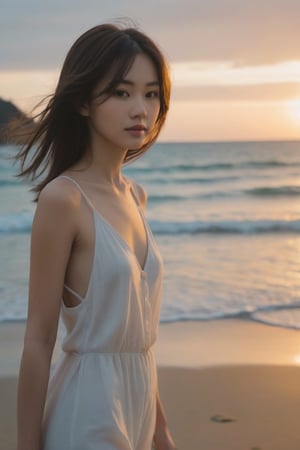 1 girl, beach sunset detailed, (lofi, analog, motion blur ),photorealistic:1.3, best quality, masterpiece,MikieHara,