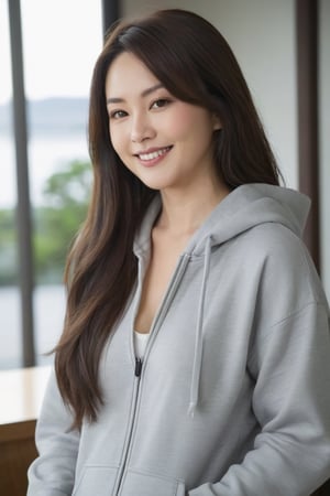 (extremely detailed face:1.3),Cowboy Shot,solo,((40 years old female)),black Straight,long hair,chubby face,toothy smile, (zip-up hoodie, covered_shoulder:1.2),(unzipped_hoodie,unzipped all the way:1.0),(cleavage) Japanese mature woman,perfect light,
,photorealistic:1.3, best quality, masterpiece,MikieHara