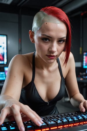 hacker with a shaved head and vibrant red streaks dyed into her remaining hair. Her fingers fly across a holographic keyboard, cracking the secure mainframe of a virtual world. A defiant smirk dances on her lips, her expression a mix of mischief and exhilaration.
,photorealistic:1.3, best quality, masterpiece,MikieHara,