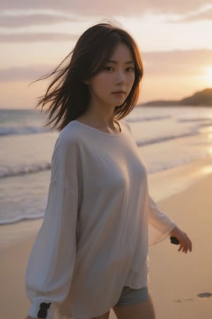 1 girl, beach sunset detailed, (lofi, analog, motion blur ),photorealistic:1.3, best quality, masterpiece,MikieHara,