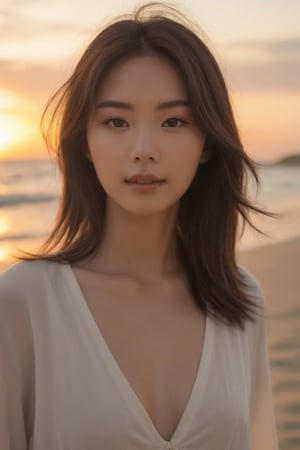 1 girl, award winning beautiful face, beach sunset detailed, (lofi, analog, motion blur ), mouth, 
 photorealistic:1.3, best quality, masterpiece,MikieHara,