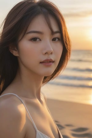 1 girl, award winning beautiful face, beach sunset detailed, (lofi, analog, motion blur ), mouth, 
 photorealistic:1.3, best quality, masterpiece,MikieHara,