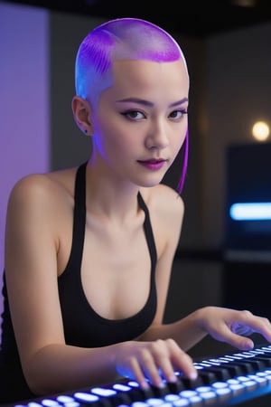 hacker with a shaved head and vibrant purple streaks dyed into her remaining hair. Her fingers fly across a holographic keyboard, cracking the secure mainframe of a virtual world. A defiant smirk dances on her lips, her expression a mix of mischief and exhilaration.
,photorealistic:1.3, best quality, masterpiece,MikieHara,